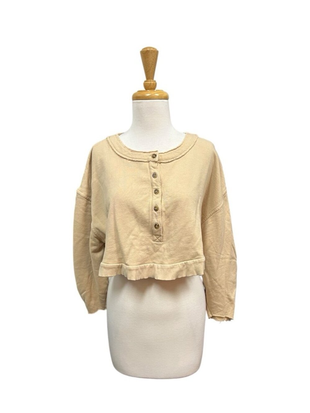 Lovers + Friends Oversized Henley Pullover Sweater Size S Small Cropped Tan